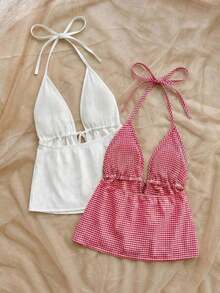 2 piezas Camiseta sin espalda con escote en V y tirantes con estampado de leopardo sexy, adecuada para vacaciones, citas, té de la tarde, vacaciones, festivales de música, estilo bohemio - Multicolor 14 - Ver 2
