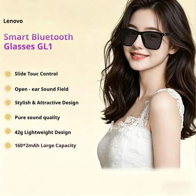 Lenovo Kính Bluetooth thông minh GL1 – Kính nghe nhạc không dây, tròng kính phân cực có thể thay thế, tương thích với Apple và Android, lý tưởng cho việc nghe nhạc khi chạy bộ và đạp xe ngoài trời.