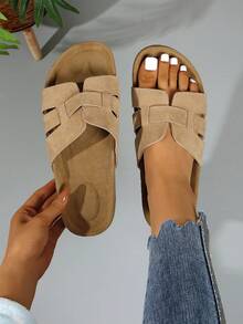 Retro Suede Soft Cork Bottom Slip-On Sandals, Crossover Strap Casual Slippers - Apricot - View 1