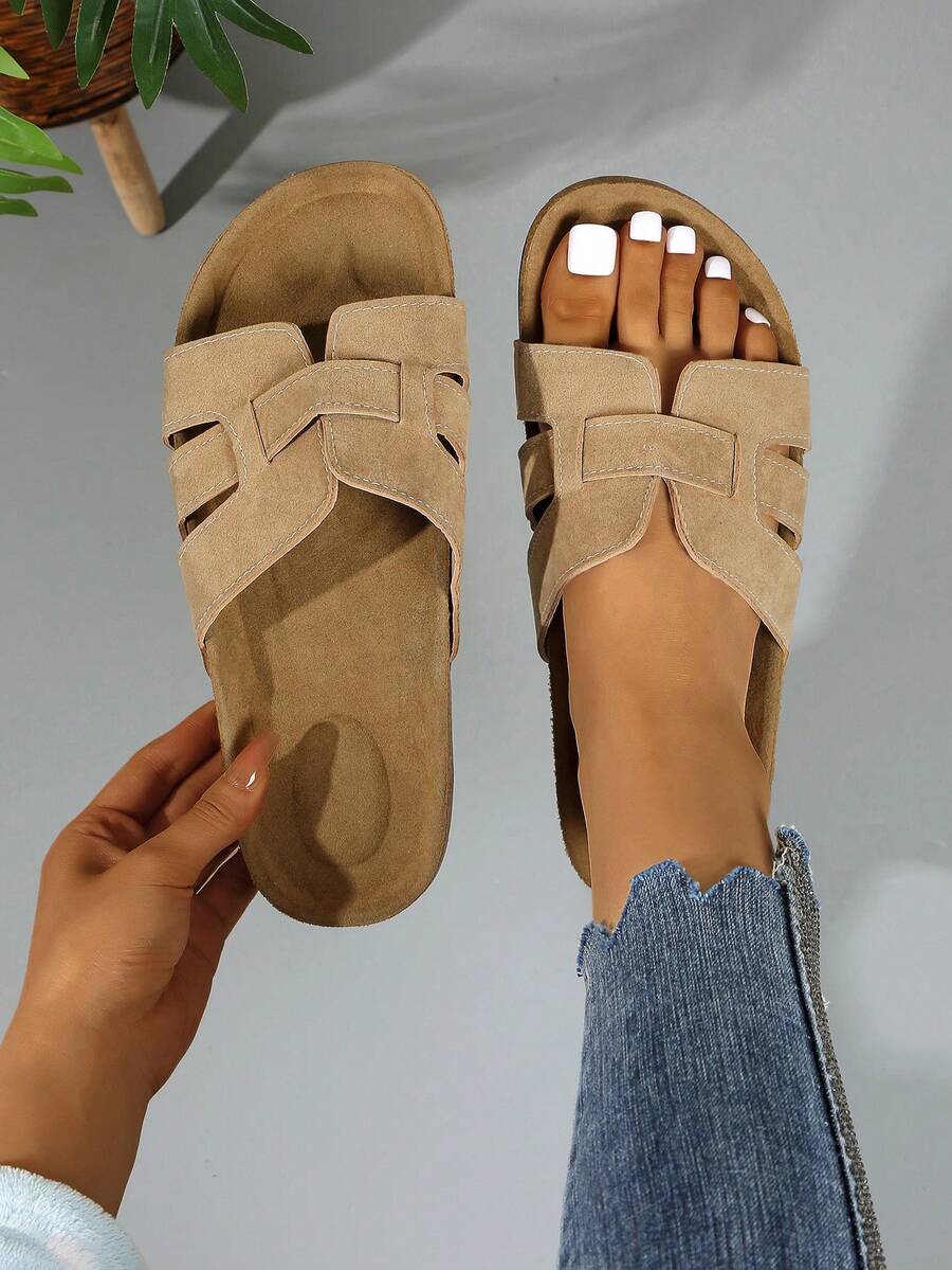 Retro Suede Soft Cork Bottom Slip-On Sandals, Crossover Strap Casual Slippers - Apricot - View 1