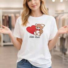 Camiseta de algodón para mujer, talla grande M-5XL, de manga corta y cuello redondo, con estampado de un lindo osito y corazón rojo, corte holgado, ideal para uso diario, tela suave y cómoda, perfecta para primavera y verano, camisetas gráficas a la moda para mujeres con curvas. - Blanco - Ver 12