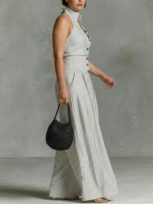 Large Size Black And White Vertical Striped Neck Off-The-Shoulder Waist Wide-Leg Pants Set, Women's Fashion | High-End Retro Commuting Style, Suitable For Workplace Occasions & Light Social Gathering Activities & Daily Street Styling - 米白色 - 查看 2