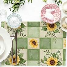 A Complete Set Of Daily Sunflower, Green Leaf, And Green Checkered Patterned Placemats, Suitable For Spring, Summer, Autumn, And Winter. It Adopts A Multi-Color Pattern Design And Is Woven From 100% Polyester Fiber. The Size Is 12 * 18 Inches And Can Be Machine Washed With Polyester Placemats. Heat Resistant, Stain Resistant, Waterproof, Easy To Clean, Suitable For Dining Tables, Holiday Party Decorations, Desktop Protection, Kitchen And Living Room Decorations, And Daily Use. - Multicolor - View 5