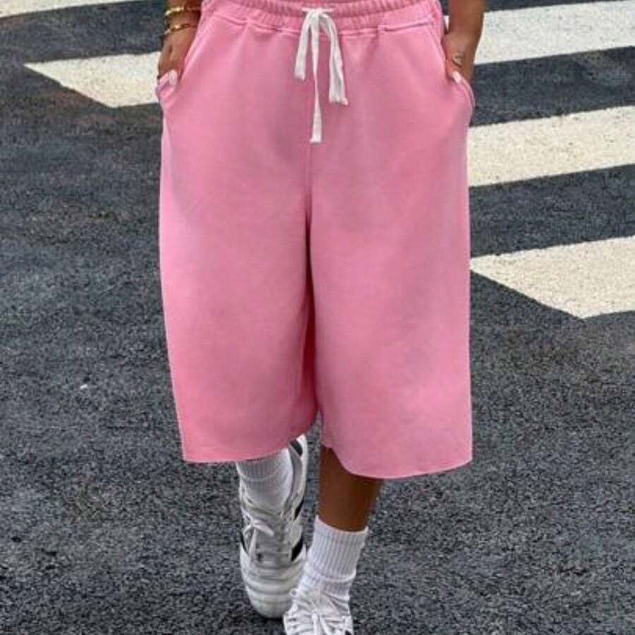 Muchic New Autumn Styles For Women Pink Knitted Wide-Leg Bermuda Shorts, Solid Color, Simple And Casual Everyday Wear, Suitable For Daily Street Wear - Rosa Pálido - Ver 1