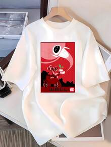 El estampado muestra un adorable robot que sostiene una planta verde como símbolo de esperanza y amor por la naturaleza mientras otro robot flota con mirada tierna sobre un fondo rojo evocando futuro y ecología camiseta de mujer  casual suave cómoda para uso diario - Blanco - Ver 3