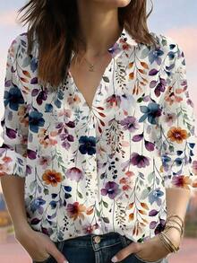 Selamara Camisa de mujer de manga larga con botones y estampado casual, adecuada para paseos y estilismo casual, elegante manga larga, estilo relajado, ajuste cómodo, diseño innovador - Multicolor - Ver 1