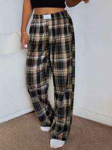 Pantalones de estar por casa rectos de cintura elástica con estampado de cuadros para mujer, para invierno - Multicolor 3 - Ver 4