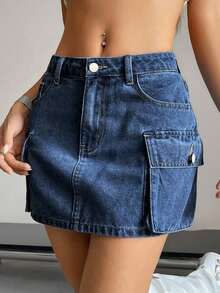 Falda vaquera de cargo de unicolor de verano para mujer - Azul lavado medio - Ver 4