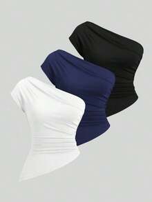 Sweetro Conjunto de top asimétrico con hombro fruncido elegante para mujer - Multicolor 3 - Ver 1