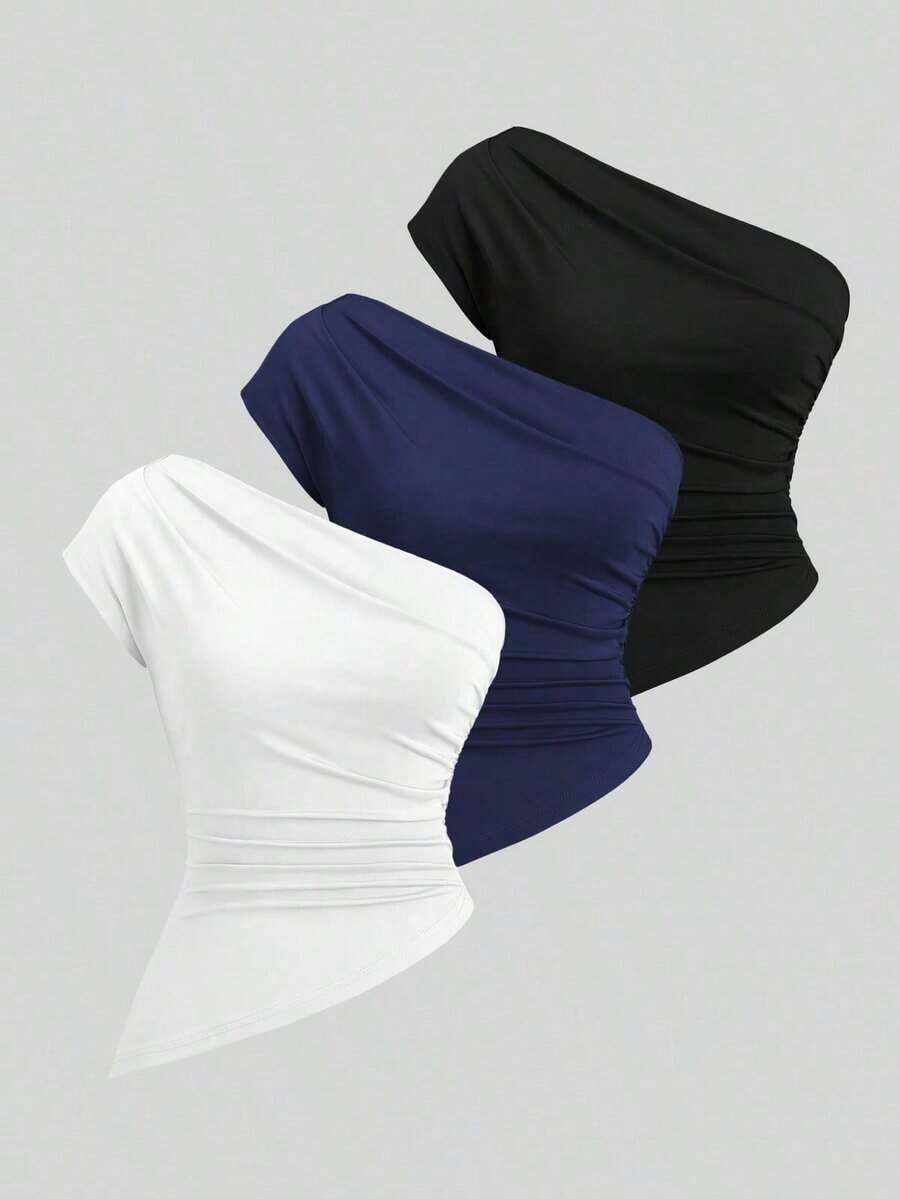 Sweetro Conjunto de top asimétrico con hombro fruncido elegante para mujer - Multicolor 3 - Ver 1