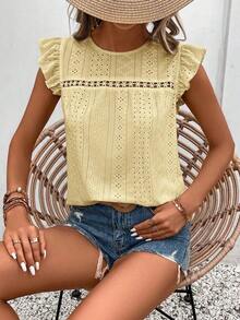 Frenchy Camiseta con cuello redondo y adorno de encaje con volantes y bordado de ojal - Amarillo 2 - Ver 3