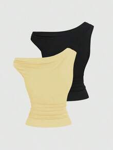Set de 2 camisetas ajustadas con cuello asimétrico, versátil top casual, primavera/verano - Multicolor 14 - Ver 2