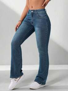 ICON Pantalones vaqueros de tiro bajo casuales y ajustados con pierna campana y efecto desgastado para mujer - Azul lavado medio - Ver 3