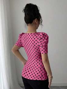 Camiseta casual de mujer, elegante y sexy, de manga corta, cuello joya, mangas abullonadas, puños fruncidos, estampado de lunares blancos y negros, silueta ajustada, adecuada para vacaciones - Multicolor 3 - Ver 2