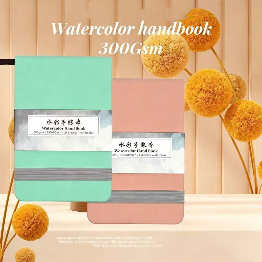 便携式水彩素描本,300克100%木浆纸,中等纹理,24张,柔软封面带松紧带,口袋笔记本,适用于水彩、钢笔、水粉颜料、旅行日记和日常涂鸦 - A - 查看 1