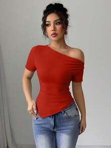 Camiseta de punto elástica de corte asimétrico con hombros oblicuos y volantes para mujer, de primavera/verano, camiseta de señora cómoda y de moda - Rojo - Ver 6