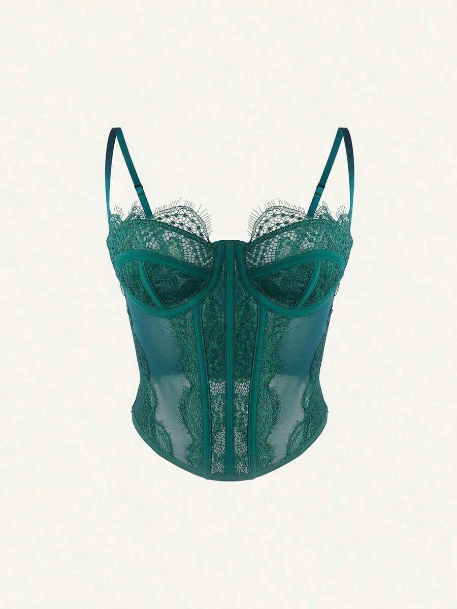 1 pieza Parte superior corta ajustada con adorno de encaje de moda para mujer, camiseta interior ajustada sexy tipo corsé, adecuada para fiesta, viaje, reunión, Navidad, San Valentín, vacaciones de verano casual - Verde Oscuro - Ver 1