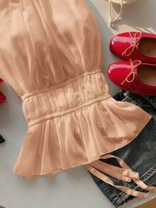 Camiseta sin espalda con pliegues y lazos en la espalda de color rosa para mujer, camiseta rosa para el Día de San Valentín - Naranja - Ver 6