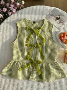 Camisa sin mangas a cuadros rojos y blancos tejida con nudo delantero para mujer - Verde - Ver 3