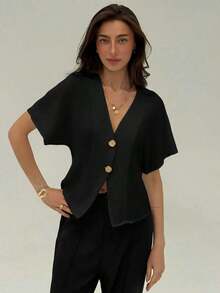 Camisa blanca sólida con mangas de murciélago, doble botonadura y frente abierto elegante - Negro - Ver 1