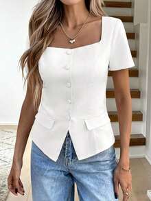 Camisa de unicolor sin mangas con cuello, top de estilo vintage retro para oficina - Blanco - Ver 2