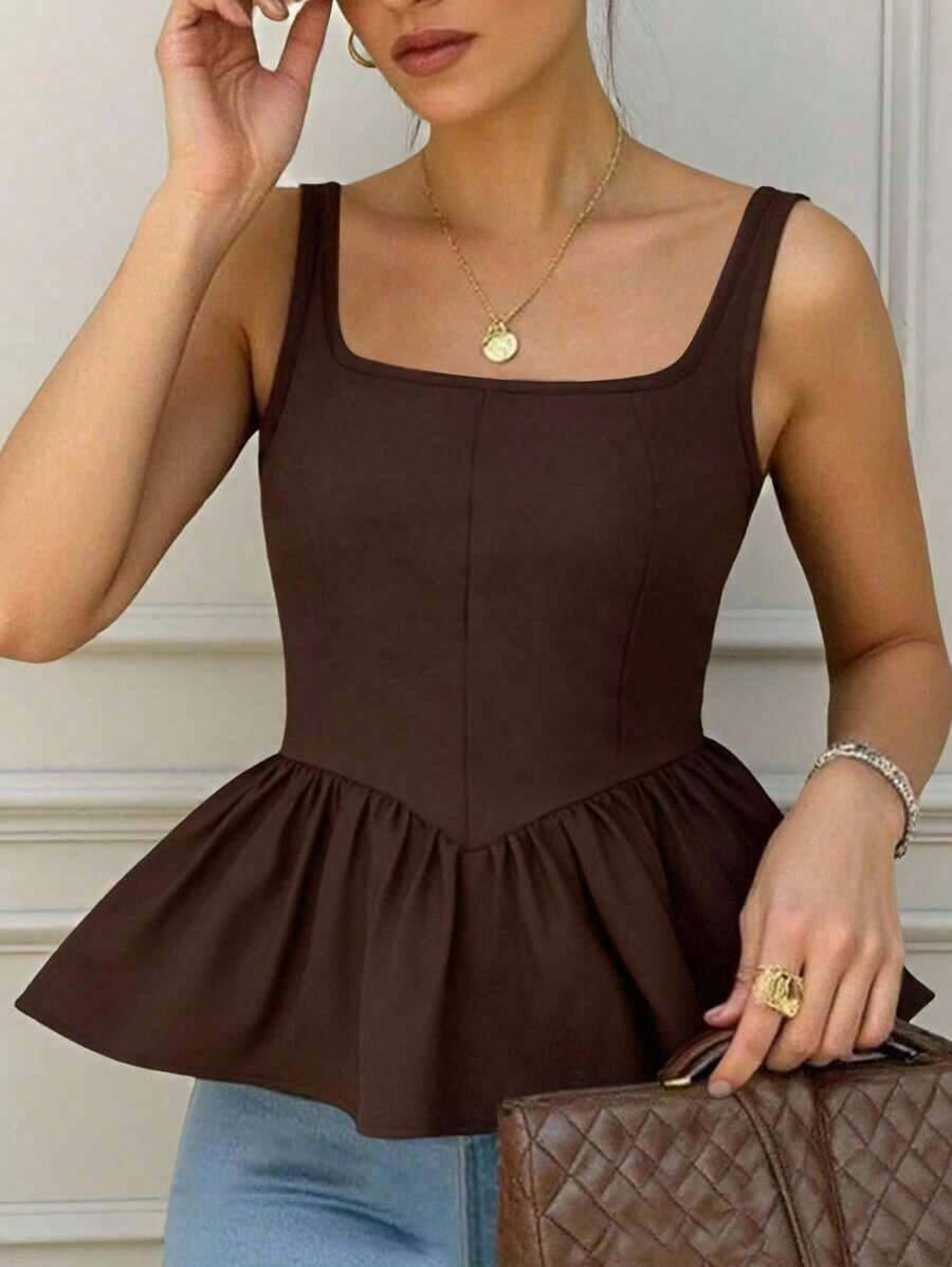 Camiseta de tirantes plisada marrón para mujer (elástico de 4 vías) - Café integral - Ver 1