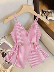 Camiseta sin tirantes casual de mujer con decoración de botones a rayas - Rosa - Ver 4