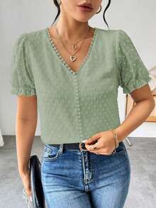 Blusa de gasa con estampado de lunares francés de moda para mujer, diseño elegante y elegante de manga corta con volantes para el verano - Verde - Ver 4