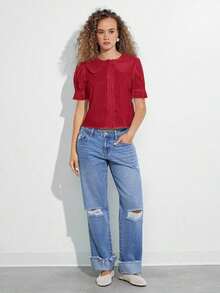 Camisa casual con cuello de volantes, mangas cortas abultadas y abotonadura, top lindo de otoño, ropa bohemia, atuendo de regreso a la escuela, para otoño, invierno, vestimenta occidental para mujer - Rojo - Ver 3