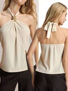 Top con cuello de halter, diseño de botón de metal verde, abertura lateral, elegante y chic para uso urbano y diario, estilo romántico retro de los 90.Adecuado para Navidad, Año Nuevo, San Valentín, fiestas, playa, graduación, moda, carnaval, bod - Albaricoque 2 - Ver 9