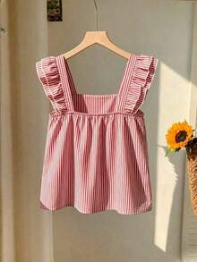 Blusa de mujer de cuello cuadrado a rayas azul y blanca con mangas acampanadas con volantes y dobladillo con doble volante de longitud corta, estilo minimalista casual de oficina y vacaciones, nueva llegada 2026 - Burdeos - Ver 2