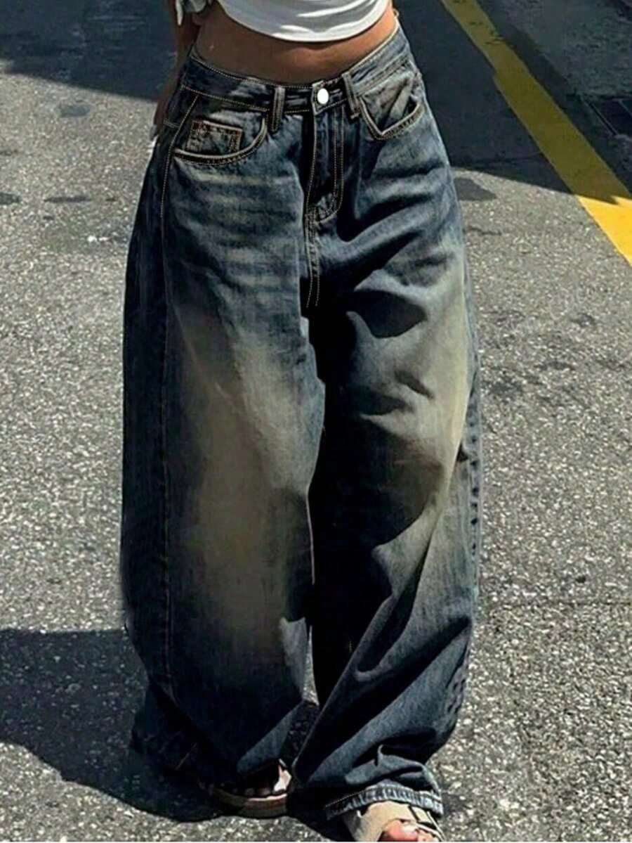 Jeans casuales rectos, sueltos y de pierna ancha, adecuados para todas las estaciones, para adolescentes de moda - Azul lavado medio 4 - Ver 1