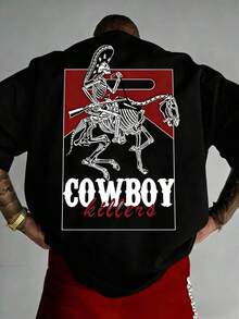 Camiseta blanca cuello redondo playeras de hombre estampado calavera corte holgado manga corta estilo urbano verano diseño digital moderno ropa de diario llamativa streetwear para adultos nacional envio - Negro - Ver 1