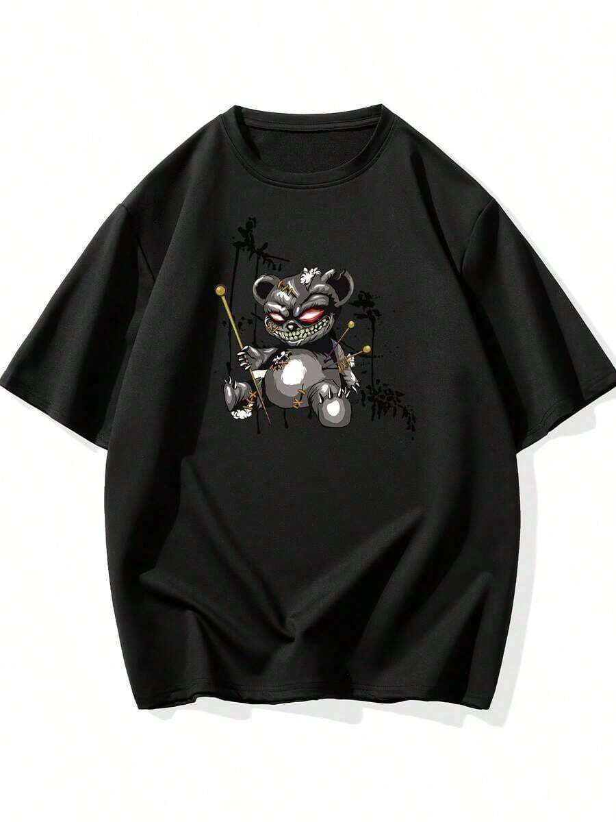 Short-Sleeved T-Shirt For Spring And Summer, American Style, With Printed Logo, For Young Men, Round Neck, Casual, Versatile, Plus Size. - Black - View 1