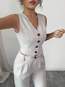 Unity Conjunto de top sin mangas con botones frontales a rayas y pantalones largos para mujer - Caqui - Ver 5
