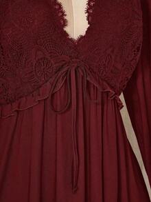 ICON Vestido mini de talla grande de unicolor casual con parches de encaje para mujer, ropa de otoño - Burdeos - Ver 7