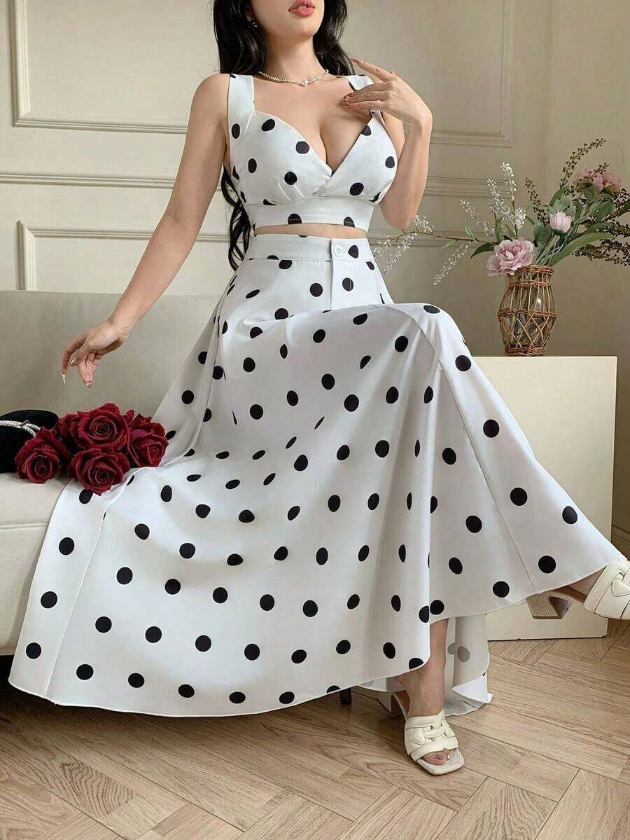 Conjunto de 2 piezas de top sin mangas y falda con estampado de lunares para mujer - Blanco y Negro - Ver 1
