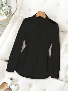 Blusa minimalista de unicolor transparente con cuello vuelto, blusas de manga larga - Negro 3 - Ver 3