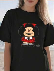 1pc blusas de mujer blusas bonitas para mujeres blusas ropa de mujer what what 180g camiseta algodón negra y blanca, patrón de estampado Mafalda, algodón impresión alta calidad, cuello redondo, corte básico holgado, hombres y mujeres, transpirable, versátil, lavable a máquina, cómoda, talla S ~ 3XL, diario, casual, deportes, imprescindible verano. - Negro - Ver 2