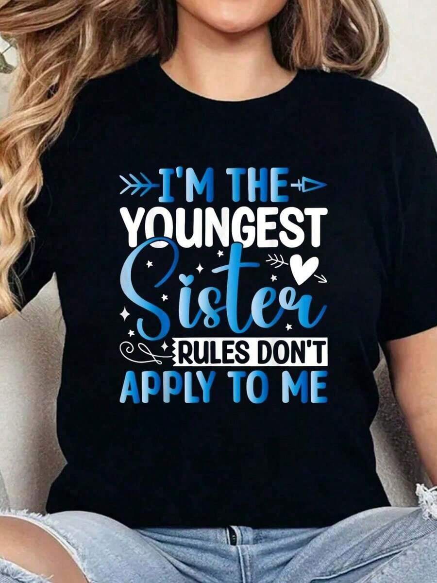 100% Algodón, Las Reglas de la Hermana Menor No Me Aplican, Camiseta de Broma para Hermanos Menores, Estampado, Cuello Redondo, Manga Corta, Playera - Negro - Ver 1