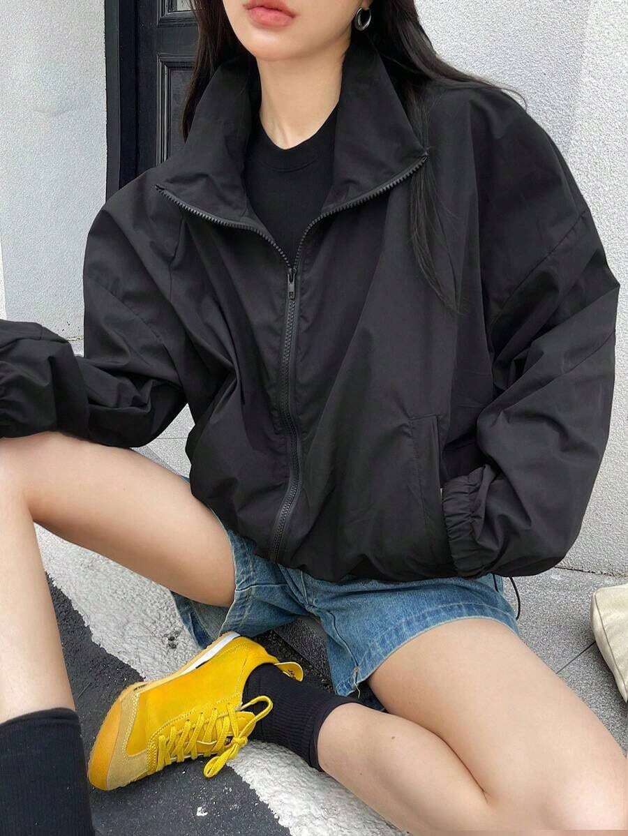 Chaqueta con cremallera, cordón ajustable y hombros caídos, ropa de otoño - Negro - Ver 1