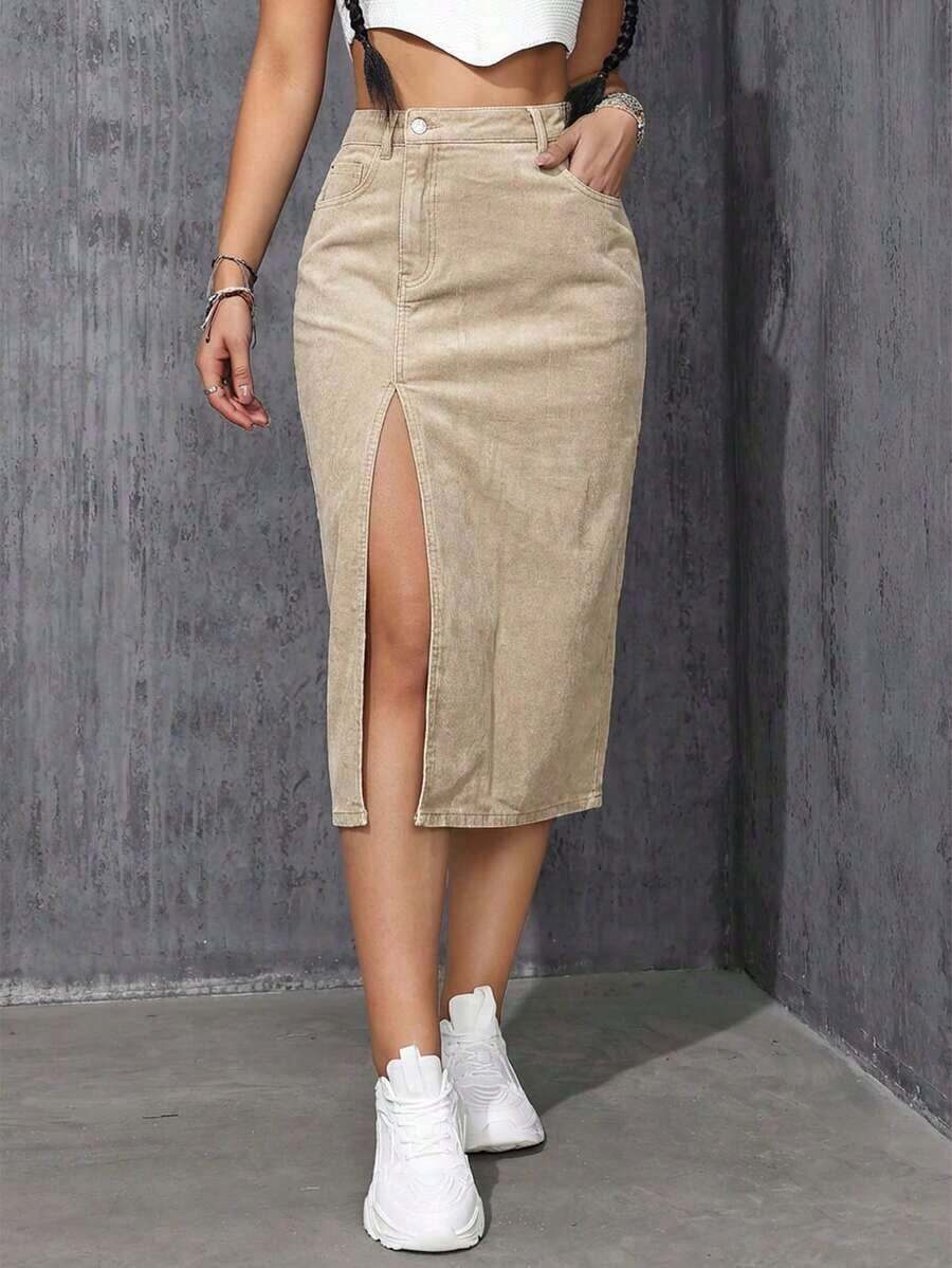 Falda Vaquera Con Abertura Para Mujeres - Caqui - Ver 1
