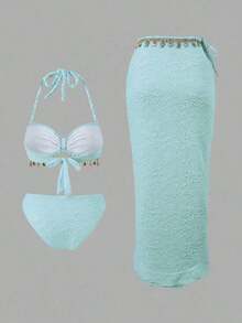 Conjunto de 3 piezas de traje de baño con decoración de tiras tejidas y textura de conchas para mujer, ideal para vacaciones en la playa - Azul - Ver 2