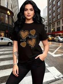 Camiseta de manga corta para mujer con estampado de corazones vintage en color marrón - Blusa casual de cuello redondo con tela de elasticidad media, top cómodo para todas las estaciones, ideal para atuendos casuales, viajes y para usar en capas, lavable a máquina. - Negro - Ver 2