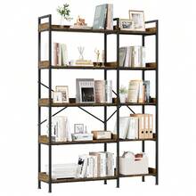 Estantería industrial de 5 niveles en forma de L - Armario de almacenamiento independiente de metal y madera - Estantes abiertos con 4 ganchos - Librero esquinero ahorrador de espacio para sala, dormitorio u oficina, color marrón rústico - Marrón Chocolate - Ver 5