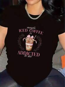 Camiseta de tela suave, estampada con el diseño "Quizás me enamore del café helado". |   La elección ideal para cafeterías, duradera y ligera, perfecta para el uso diario en restaurantes o salas de estar, tela cómoda, camiseta estampada con estilo, cuello redondo, camiseta de moda con elasticidad media. - Negro - Ver 7