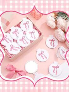 Juego de 16 piezas de mini espejos de bolsillo (8 espejos de maquillaje + 8 bolsas de organza), espejos cosméticos redondos plegables decorados con lazos rosas, lazos de estrellas blancas y lazos blancos sólidos, accesorios de belleza coreanos portátiles, regalos para mujeres, recuerdos de cumpleaños y despedida de soltera - Lazo blanco - Ver 8