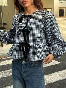 Blusa de cuello redondo de estilo vaquero, hippie y vintage para mujer, nueva llegada del verano 2025 - Blanco y Negro - Ver 6