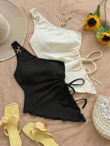 Blusa sin mangas de unicolor con bajo asimétrico, para verano - Blanco y Negro - Ver 5