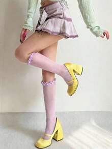 A Pair Of Sweet Girl-Style Satin Wooden-Earbud Lace Mid-Thigh Stockings. Multi-Color Open Mesh Lace Flowered Stockings Suitable For Revealing Style In Spring And Summer. Spring/Summer Lolita J.K. Style Girl Accessories. - Multicolor - View 11
